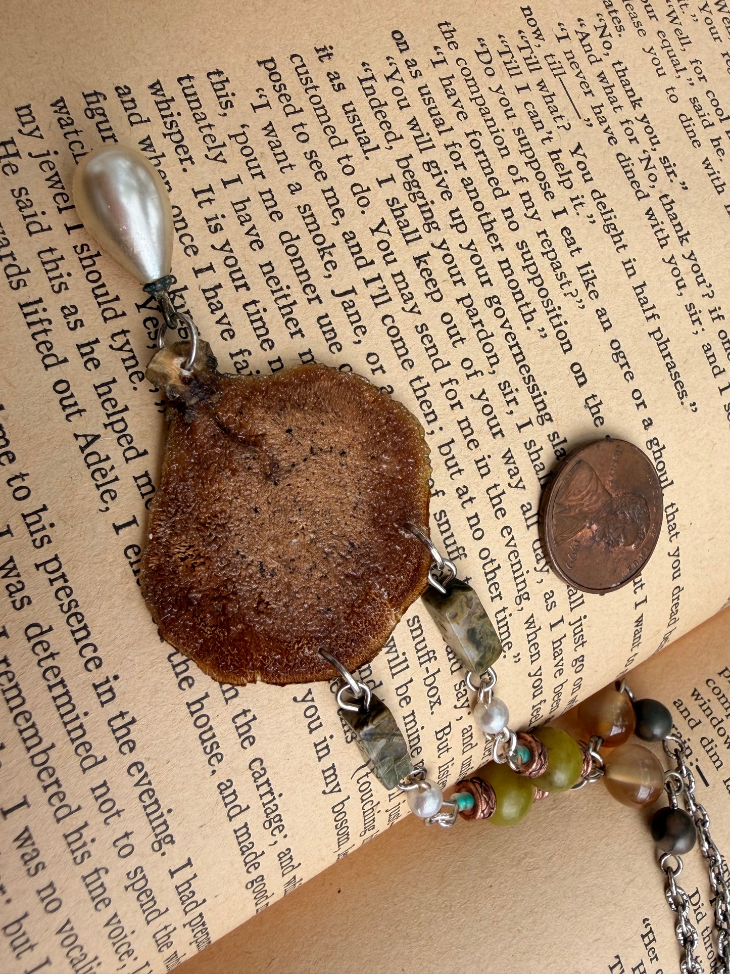 Purple Tooth Mushroom Fungus necklace with antique pearl drop charm and gemstone and glass beads
