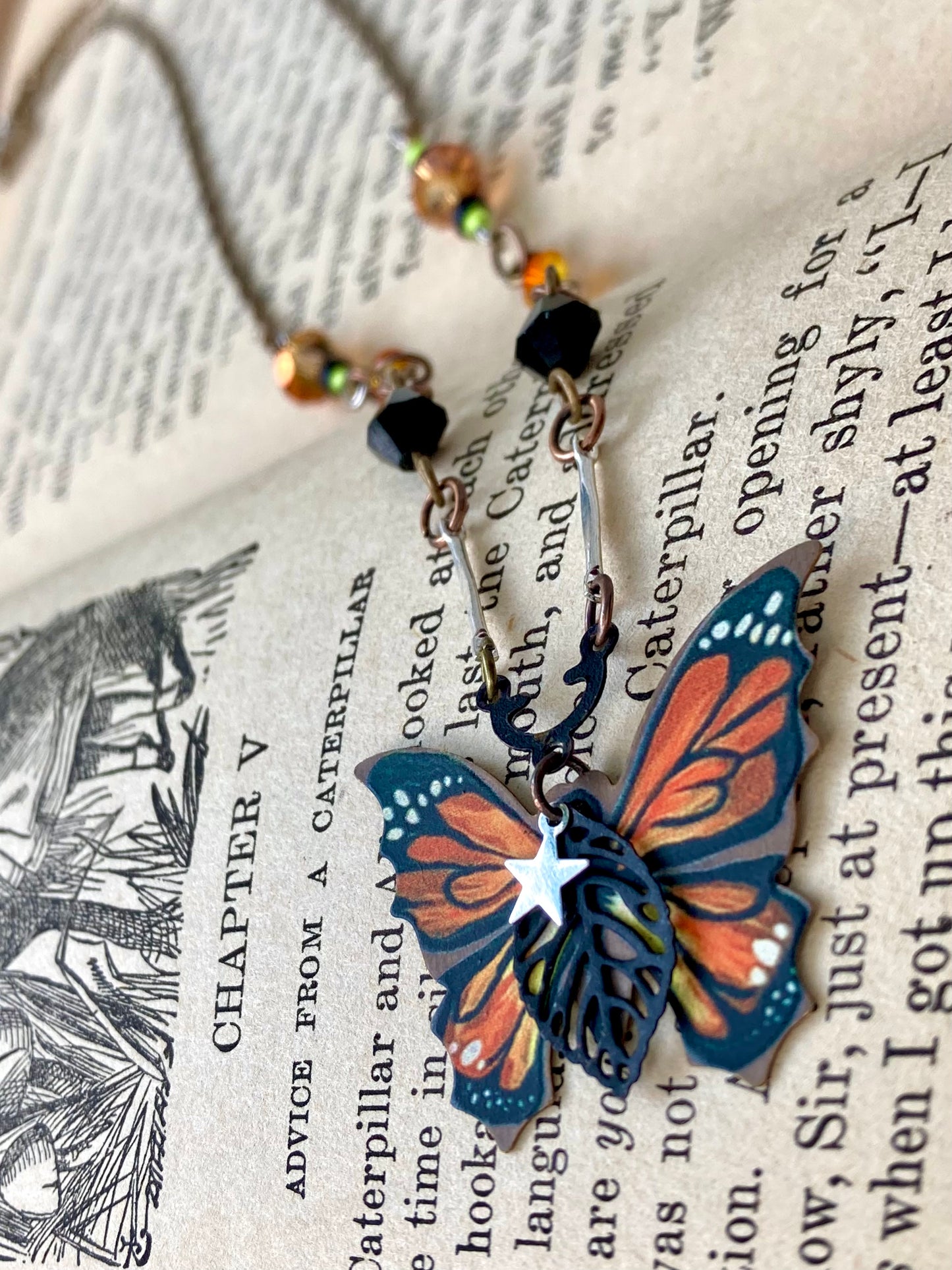 Monarch Butterfly - printed on brass pendant - orange and black beads - Fairycore