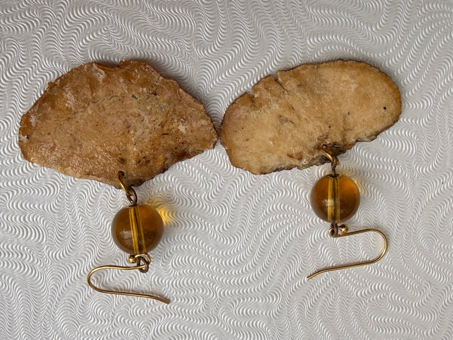 Turkey Tail fungus Trametes versicolor Mushroom in resin GOLD-PLATED Earrings with amber glass beads