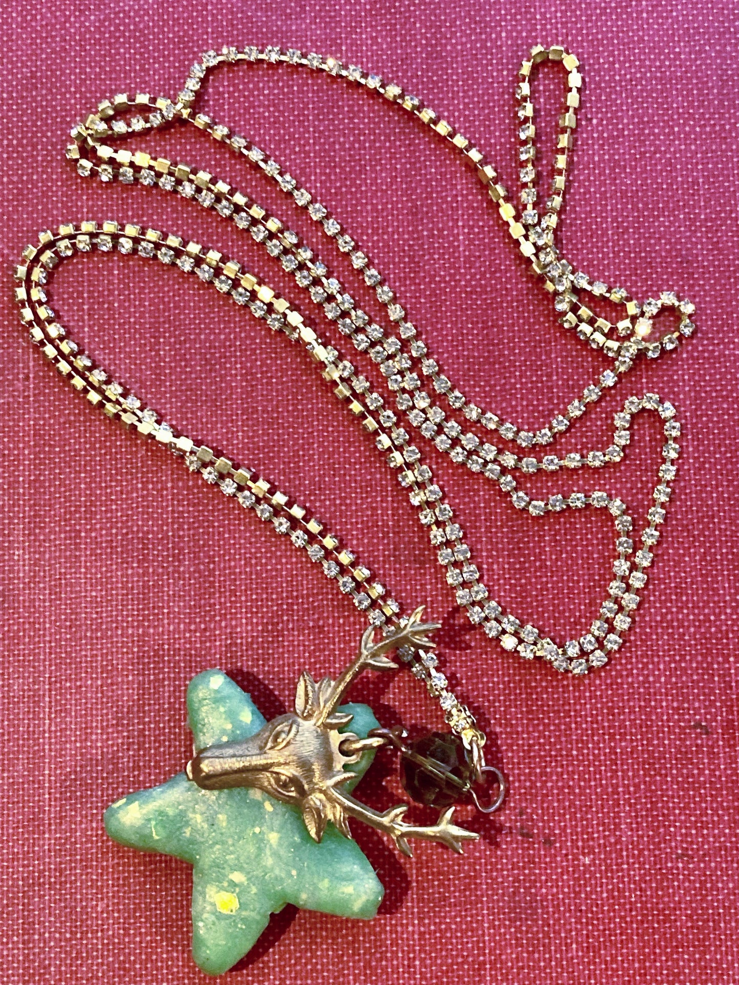 Stag Deer Brass Charm over Polymer Clay Star on rhinestone necklace chain