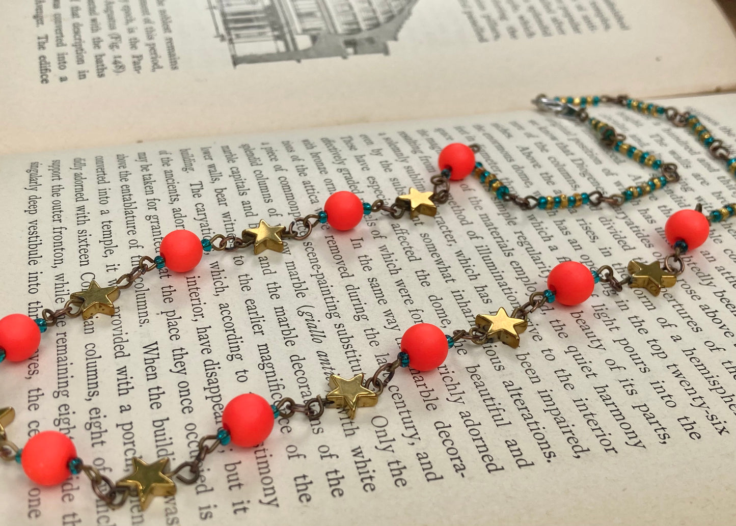 Neon Safety Red beads with gold stars BOLD Necklace