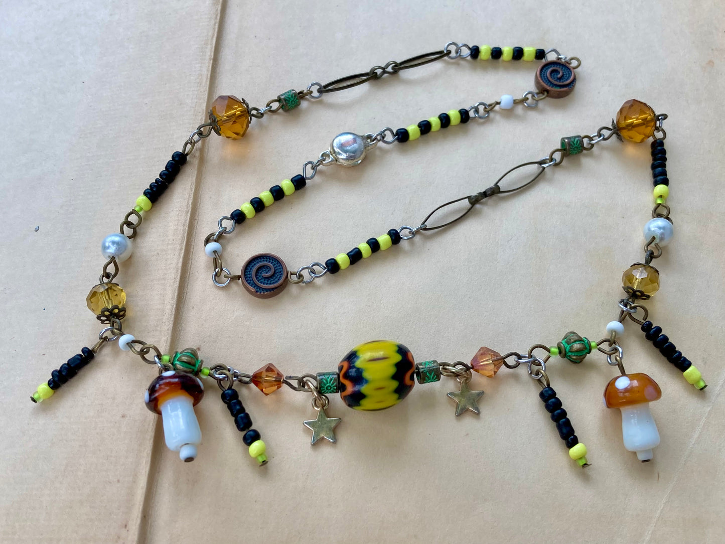 Swamp Nature Beaded Necklace with mushrooms and fireflies - Fiona’s Favorite
