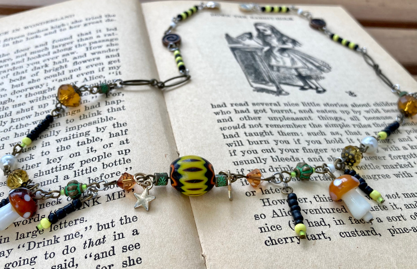 Swamp Nature Beaded Necklace with mushrooms and fireflies - Fiona’s Favorite