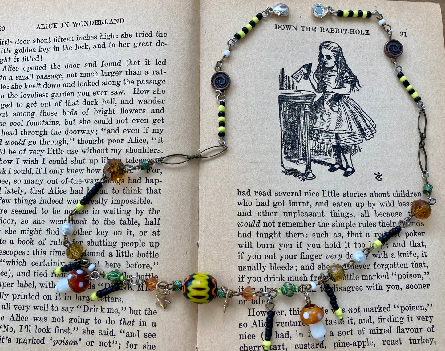 Swamp Nature Beaded Necklace with mushrooms and fireflies - Fiona’s Favorite