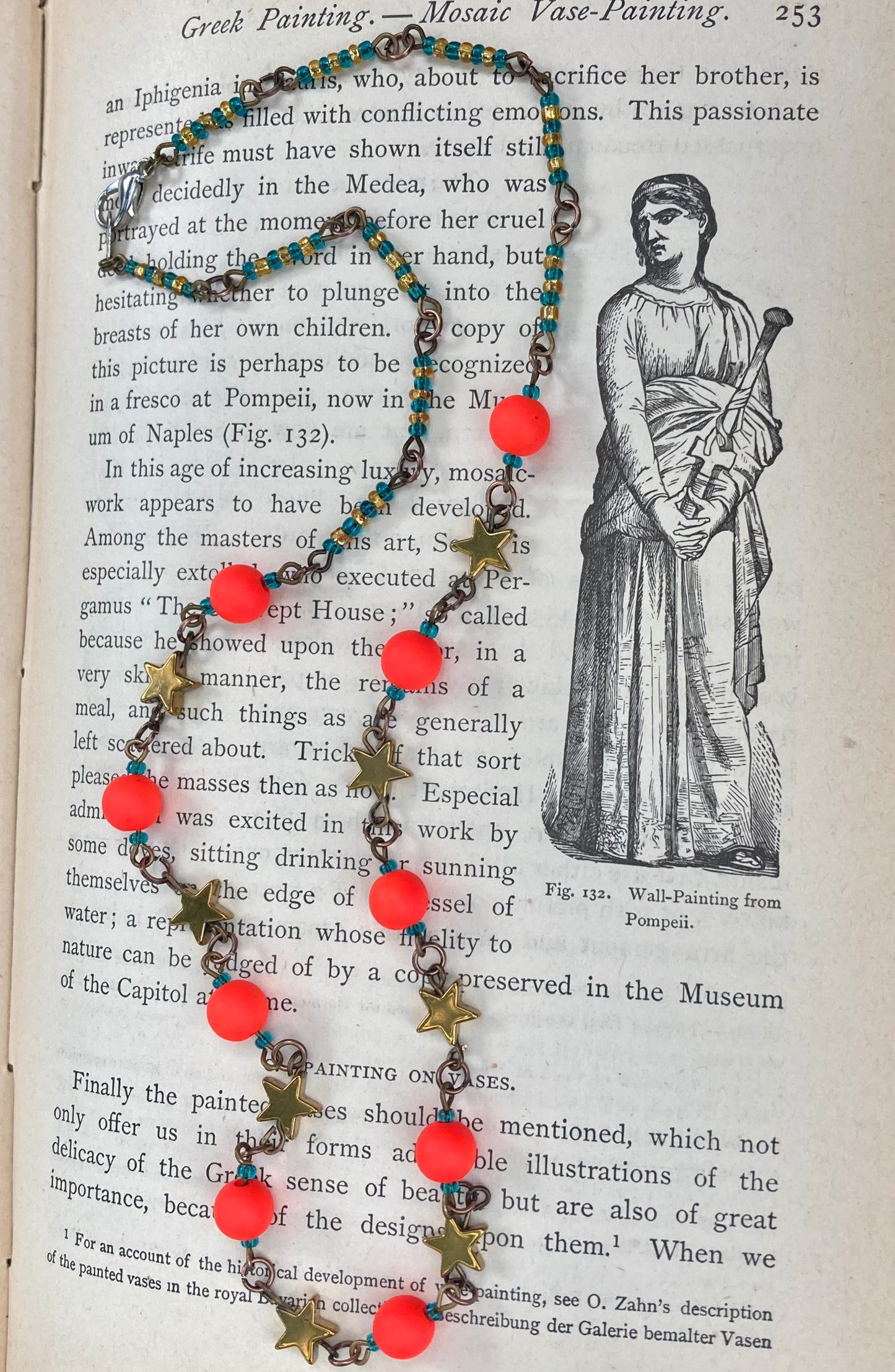 Neon Safety Red beads with gold stars BOLD Necklace