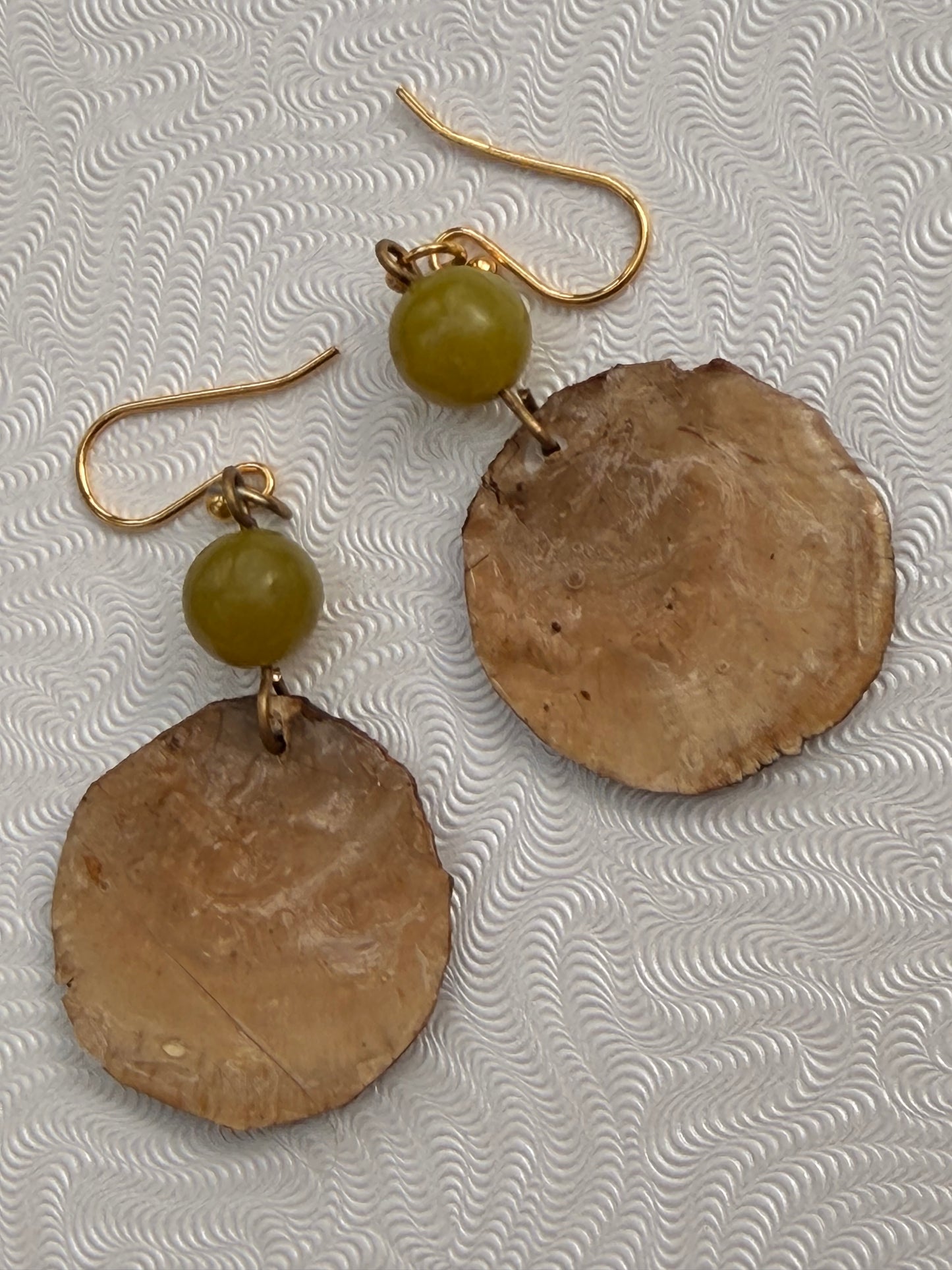 False Turkey Tail fungus Mushroom Discs in resin on GOLD-PLATED Earrings with green stone beads