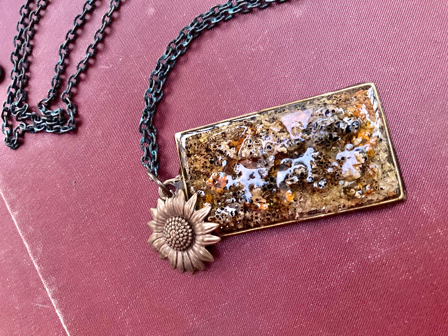 Pure Michigan Lichen necklace with bronze flower accent charm