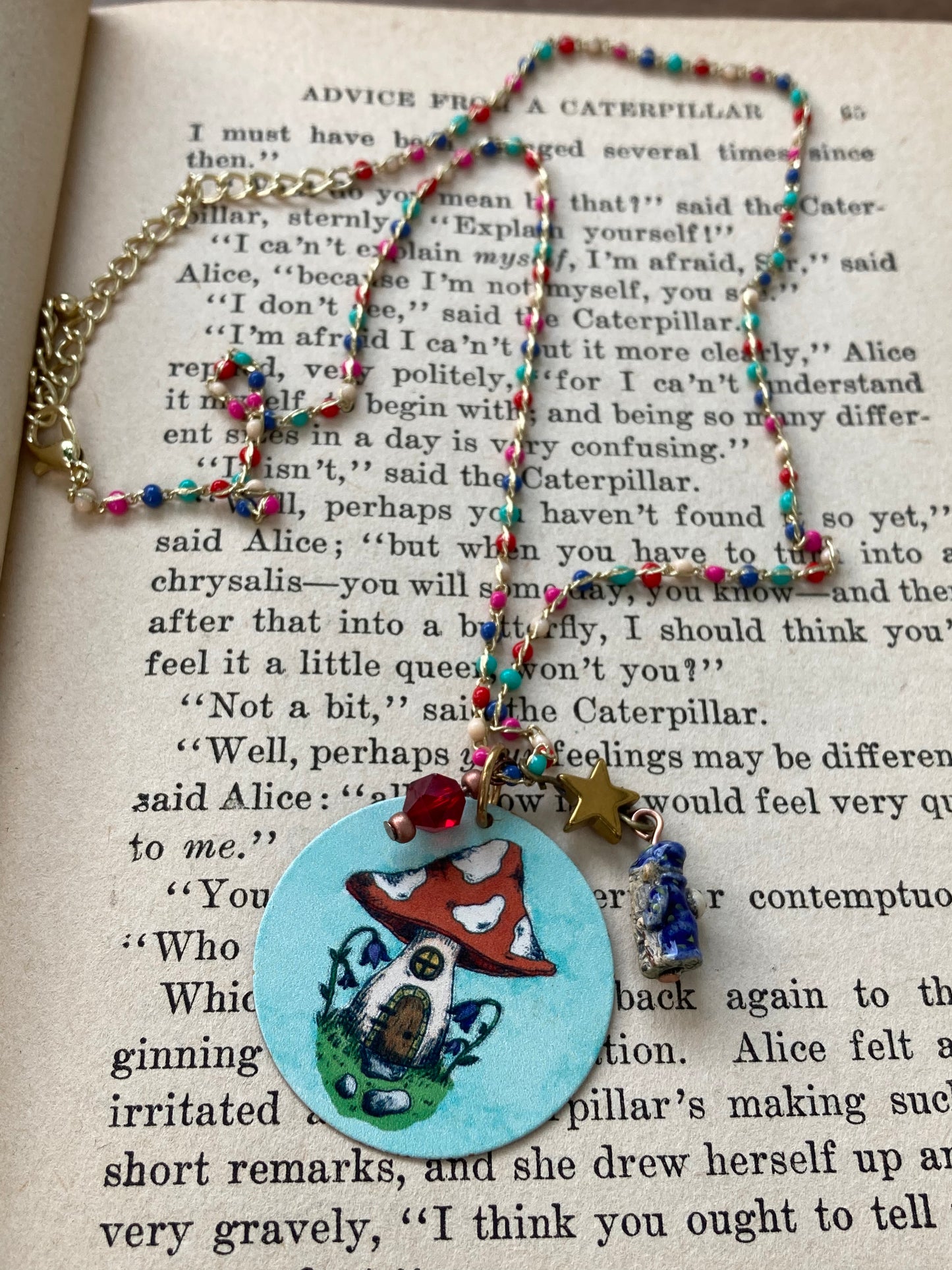Gnome Sweet Home - mushroom necklace with tiny ceramic troll bead