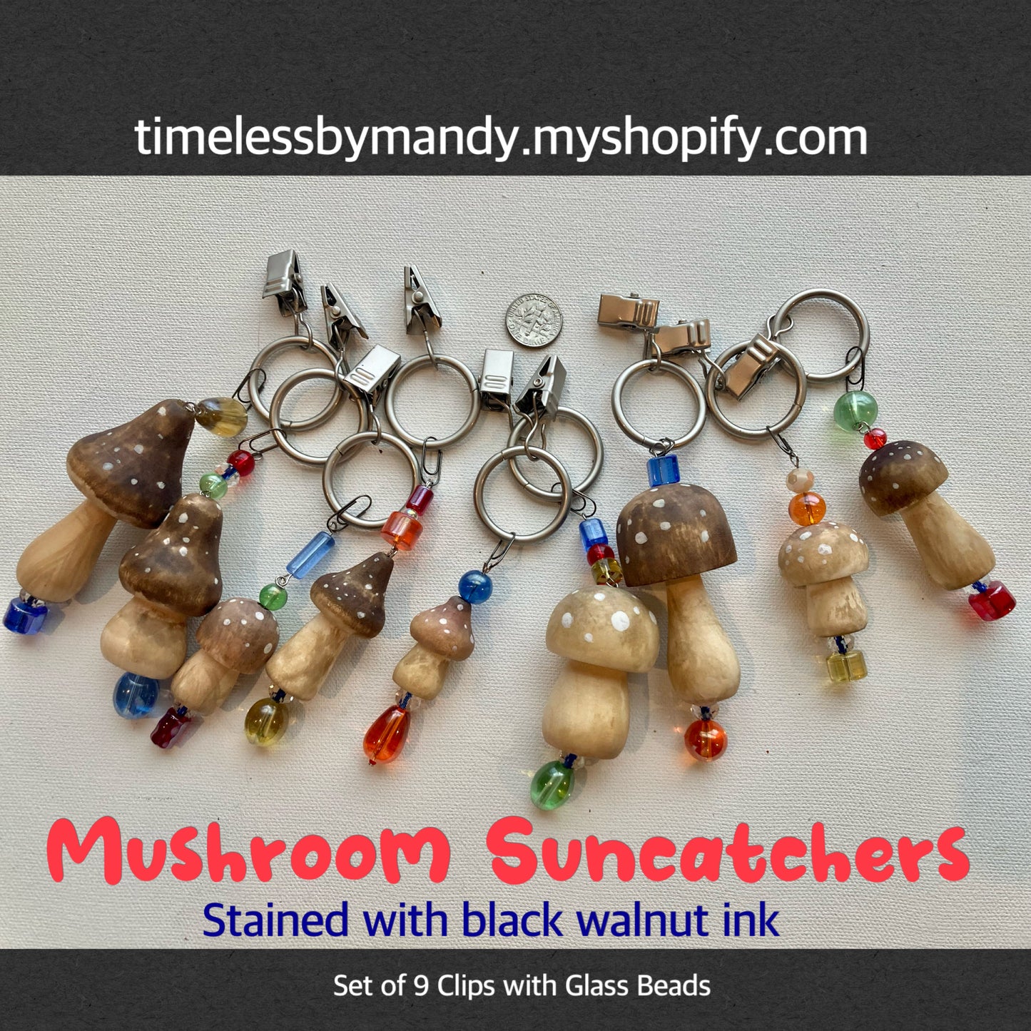 Colorful Mushroom Suncatchers - set of 9 - Stained with black walnut ink