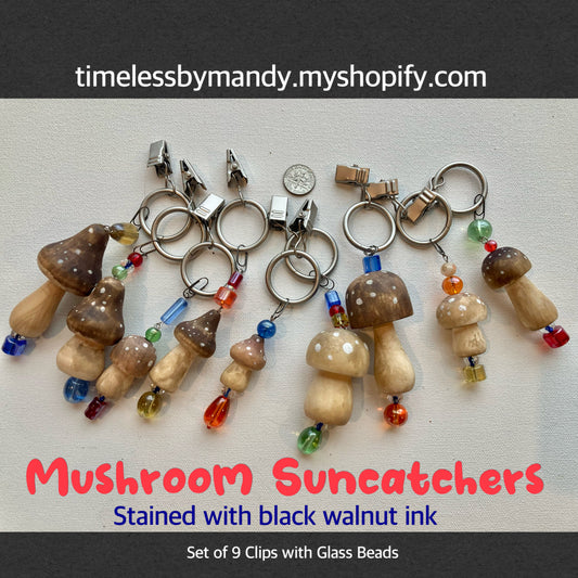 Colorful Mushroom Suncatchers - set of 9 - Stained with black walnut ink