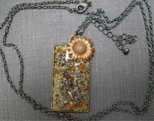 Pure Michigan Lichen necklace with bronze flower accent charm