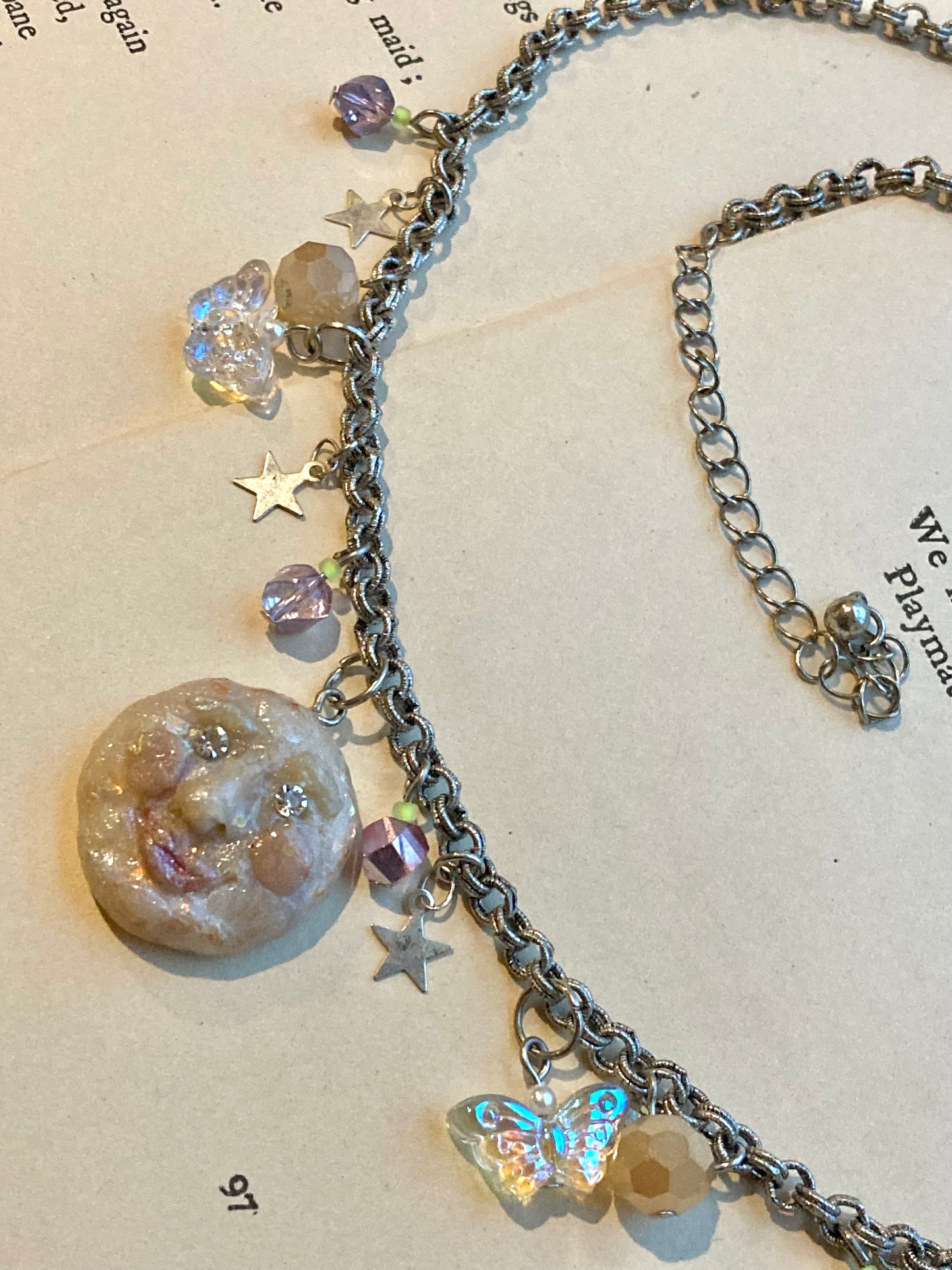 Fairycore Celestial Moon Face & Silvery Stars Charm Necklace - adjustable