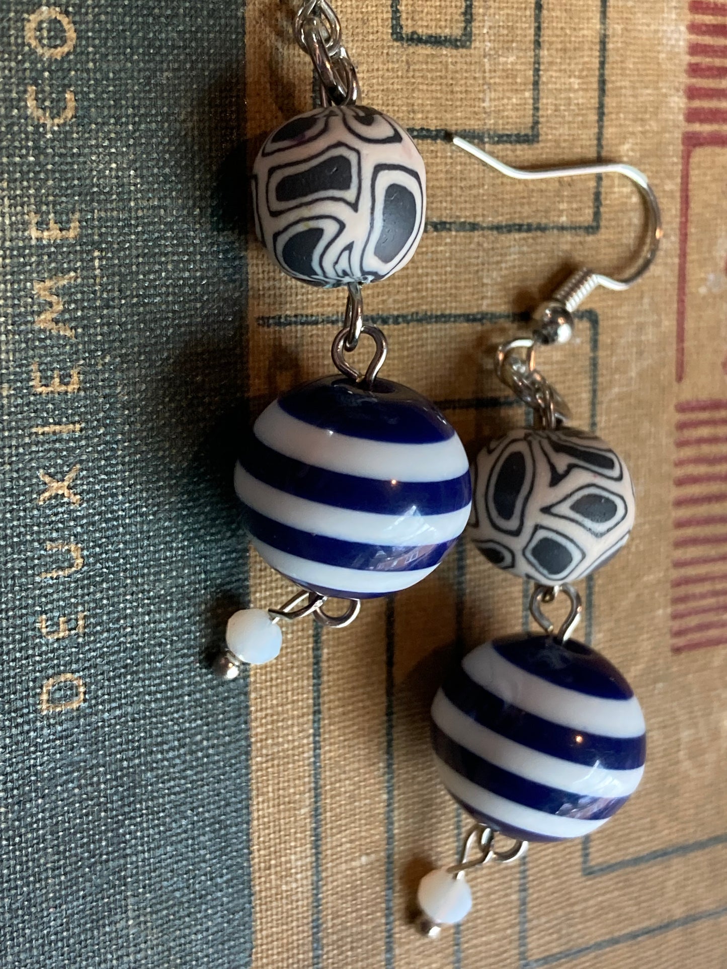 Blue Beaded Dangly Earrings - stripes and clay beads