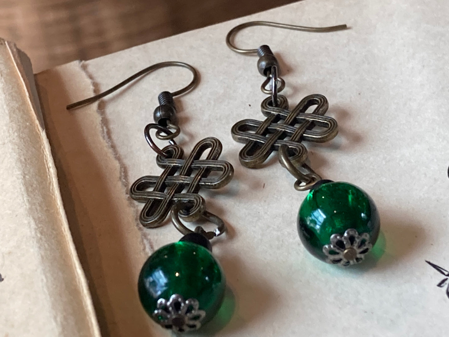 Celtic Knot Earrings with green crackle glass beads