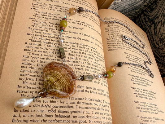 Purple Tooth Mushroom Fungus necklace with antique pearl drop charm and gemstone and glass beads