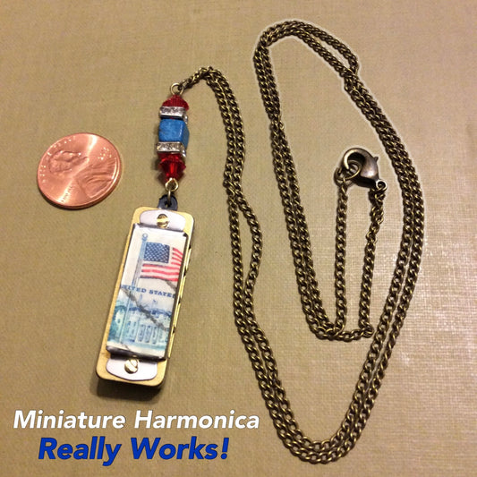 Miniature *Working* Harmonica Fidget Necklace with USA Flag Postage Stamp & Swarovski Crystals
