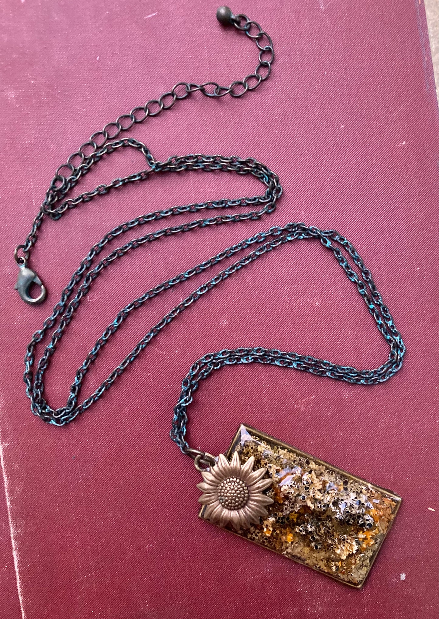 Pure Michigan Lichen necklace with bronze flower accent charm