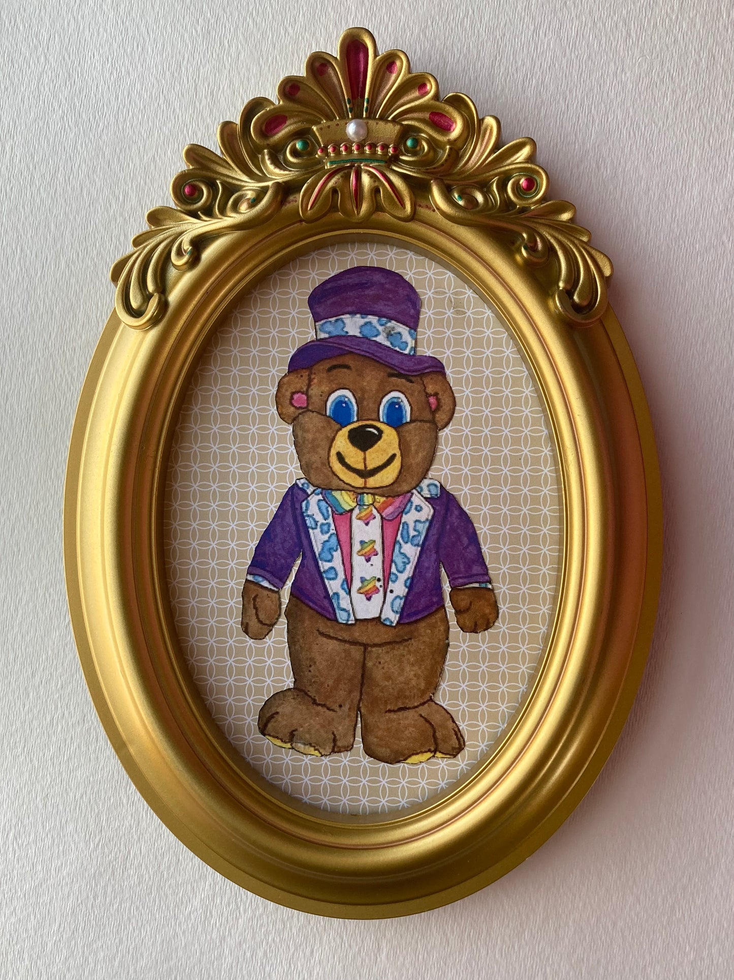 Oval Framed Print of Painting inspired by Lisa Frank Hollywood Bear