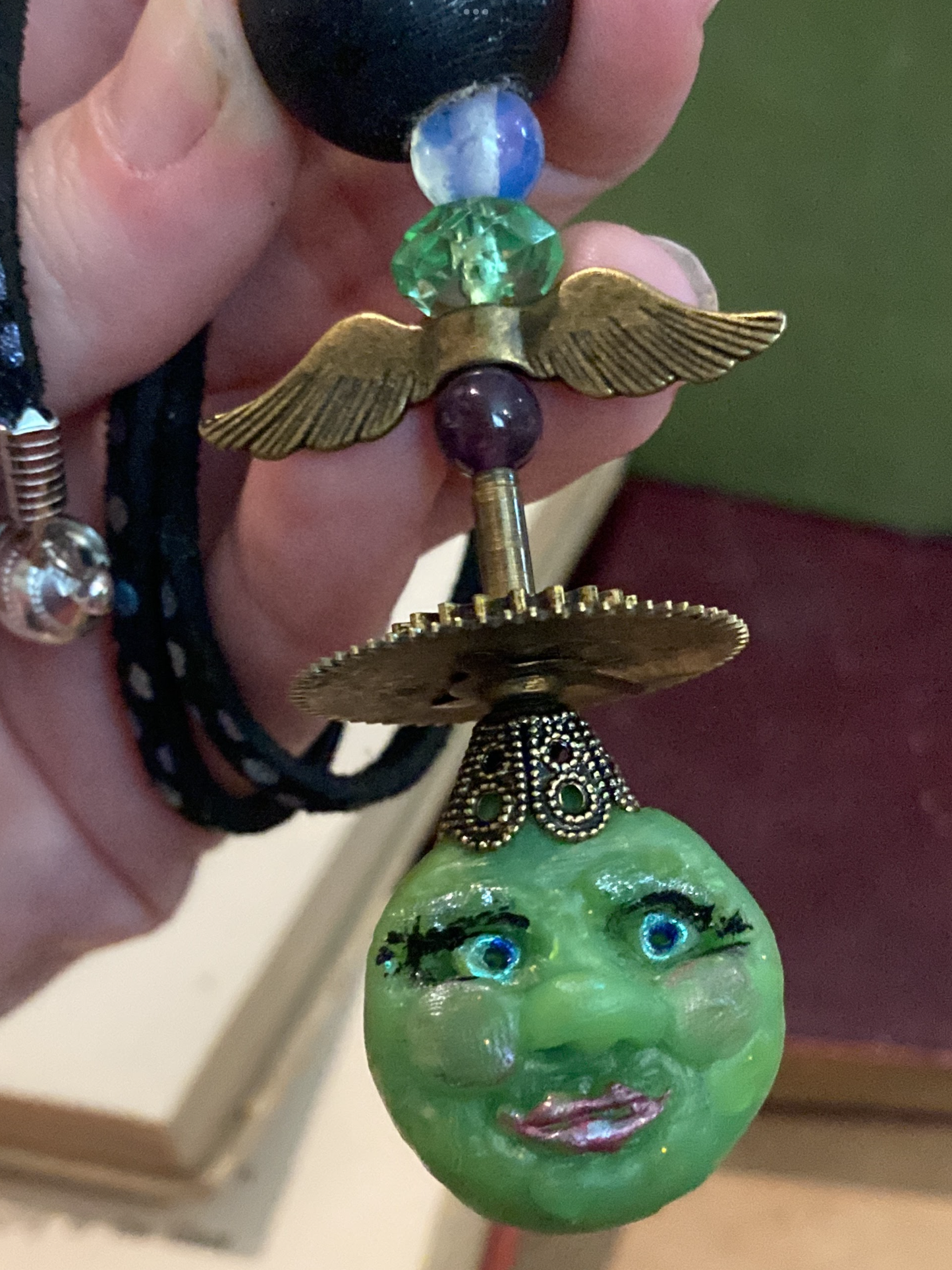 Green Witch Fidget Toy on Black Leather Cord Necklace - magnetic clasp
