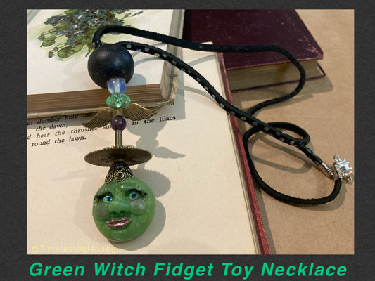 Green Witch Fidget Toy on Black Leather Cord Necklace - magnetic clasp