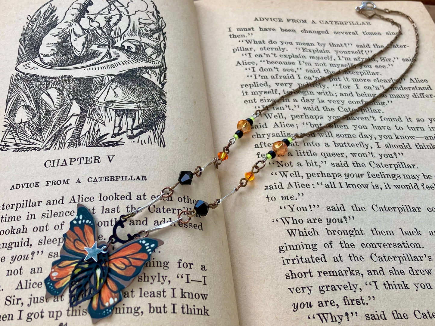 Monarch Butterfly - printed on brass pendant - orange and black beads - Fairycore