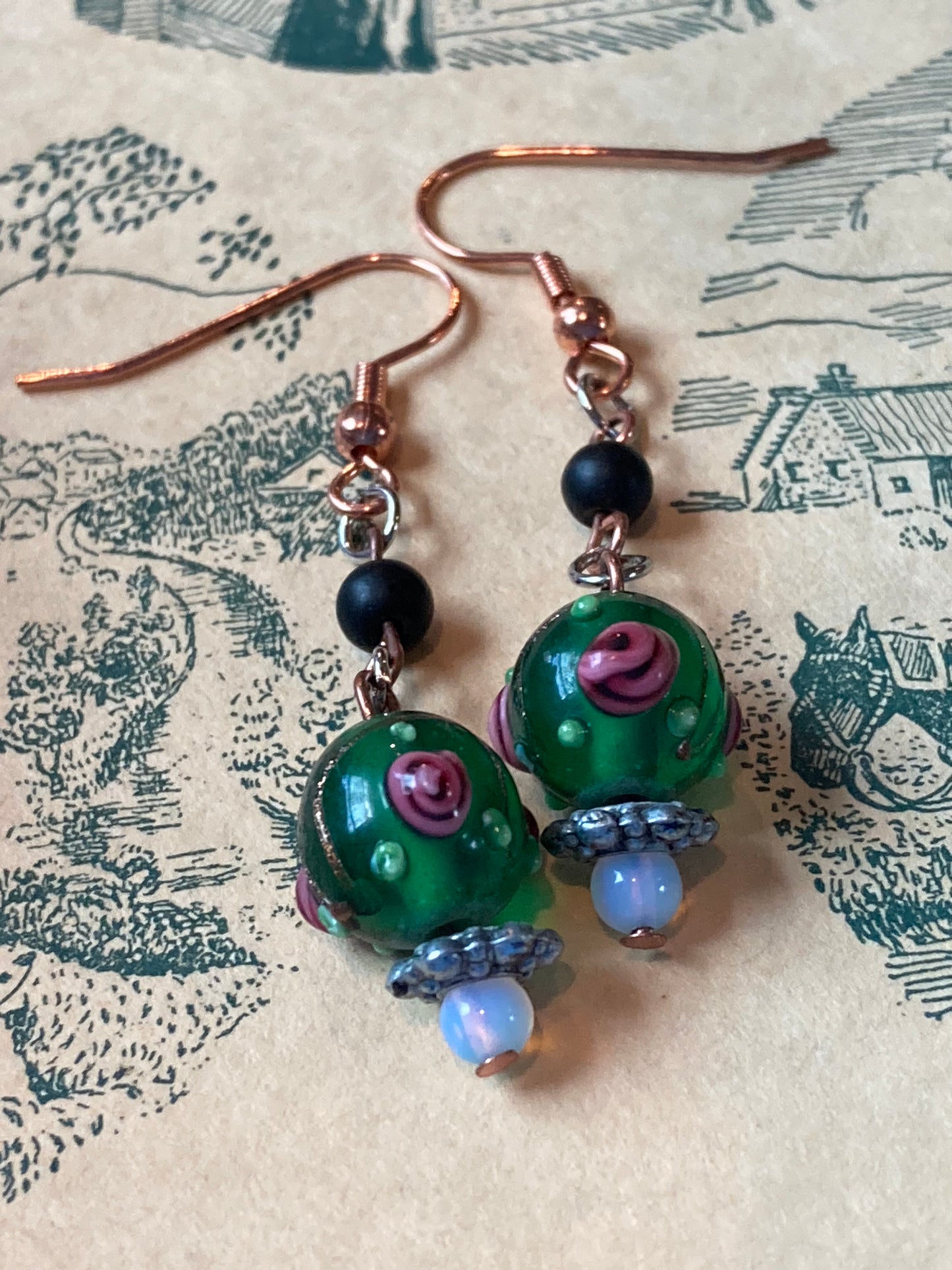 Green glass art bead with tiny moonstone Earrings
