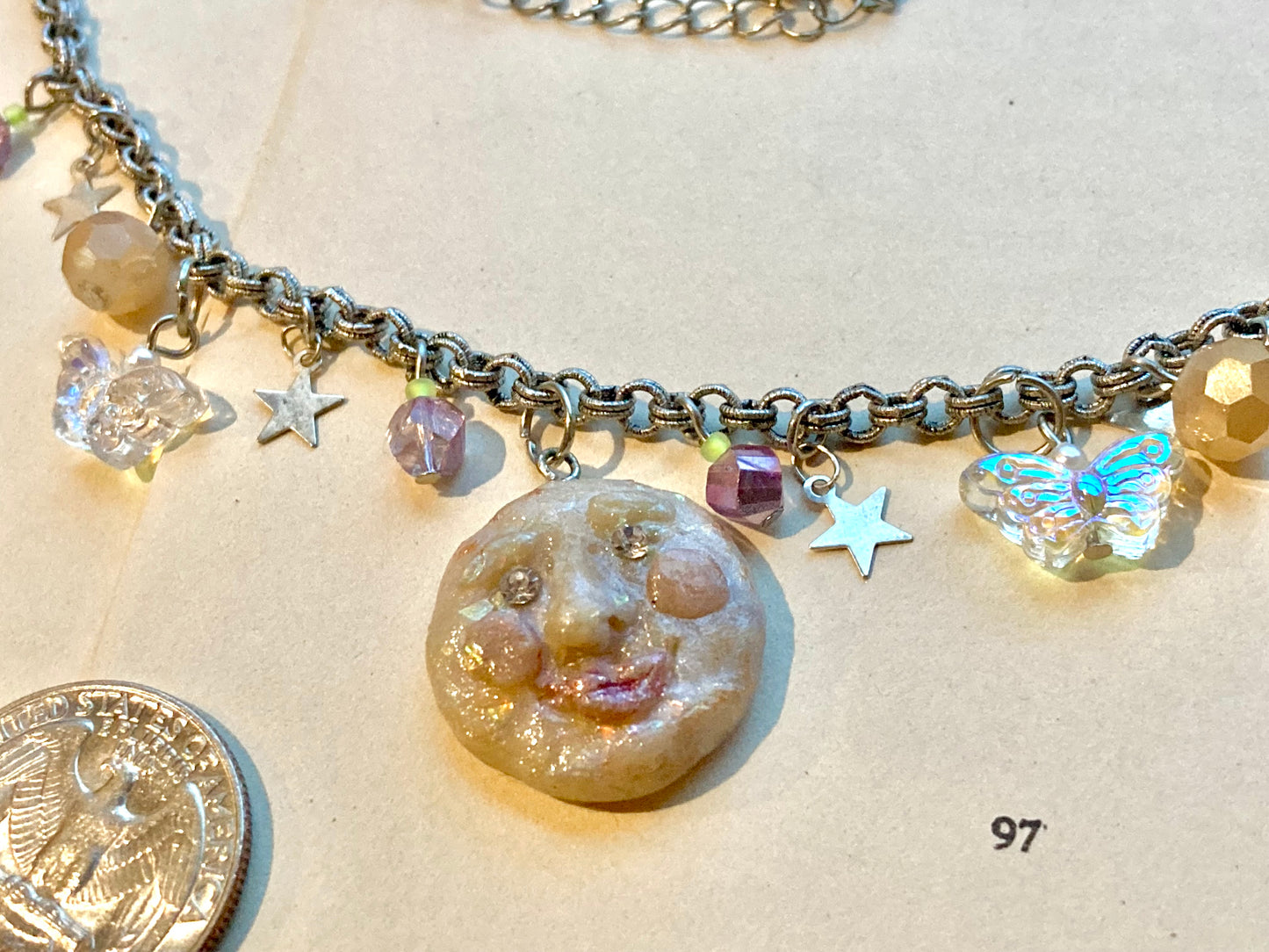 Fairycore Celestial Moon Face & Silvery Stars Charm Necklace - adjustable