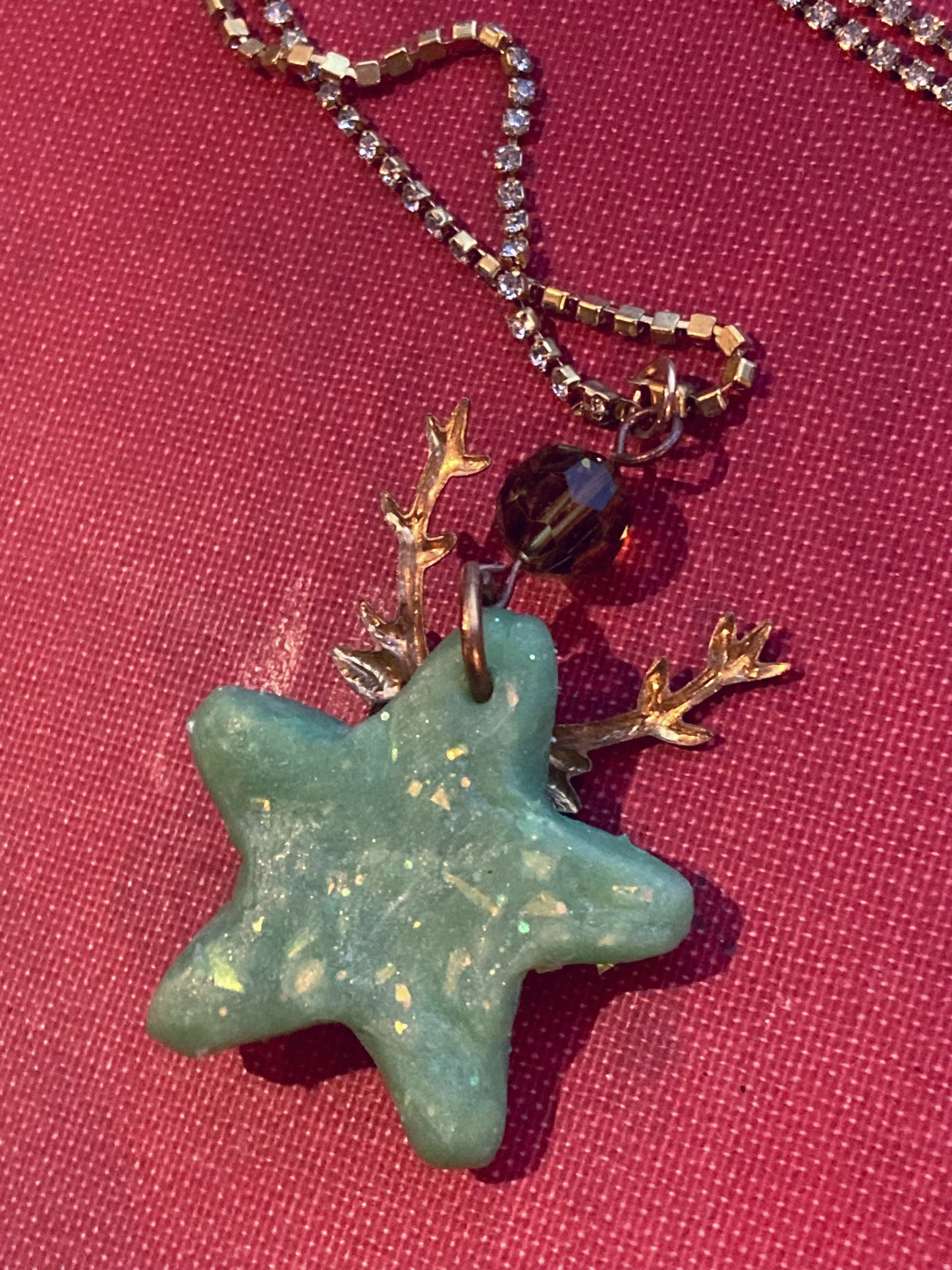 Stag Deer Brass Charm over Polymer Clay Star on rhinestone necklace chain