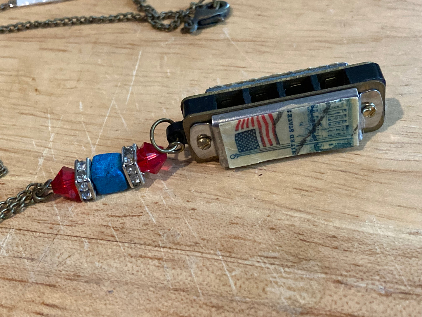 Miniature *Working* Harmonica Fidget Necklace with USA Flag Postage Stamp & Swarovski Crystals