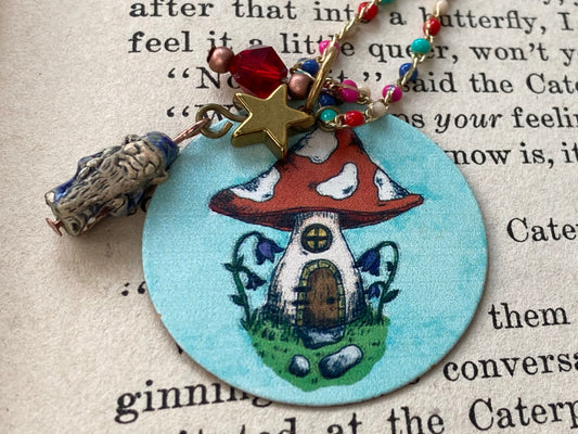 Gnome Sweet Home - mushroom necklace with tiny ceramic troll bead