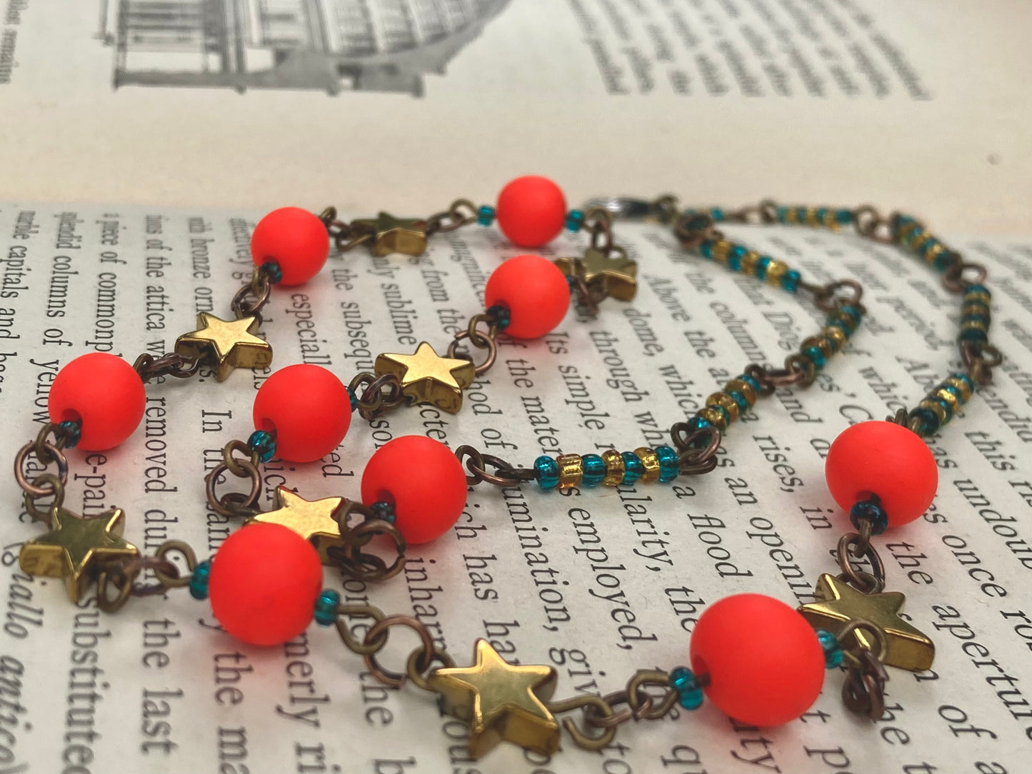 Neon Safety Red beads with gold stars BOLD Necklace