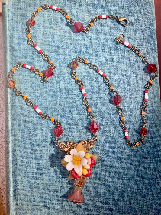 Red Floral beaded necklace - Swarovski crystals - upcycled vintage charms
