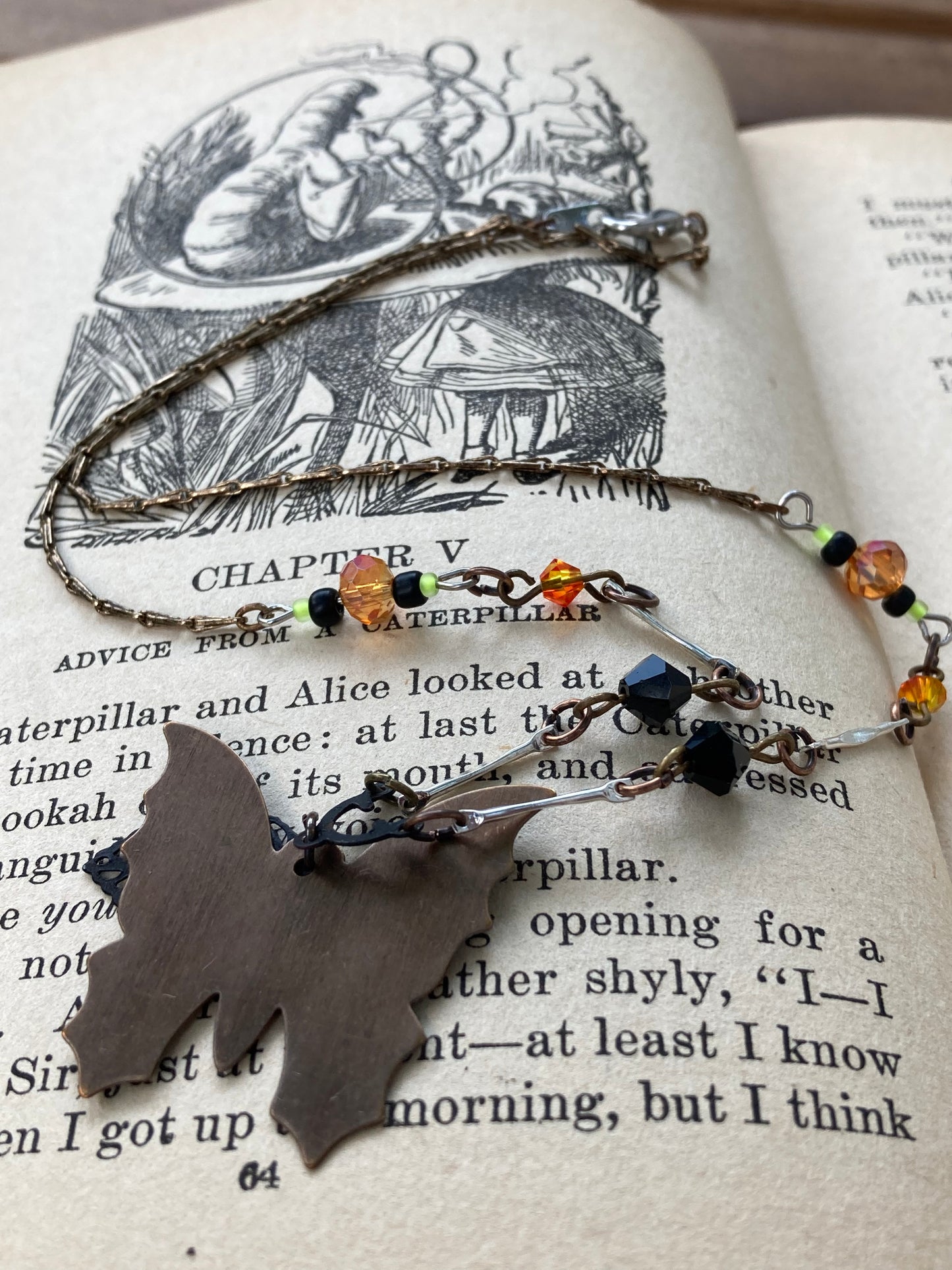 Monarch Butterfly - printed on brass pendant - orange and black beads - Fairycore