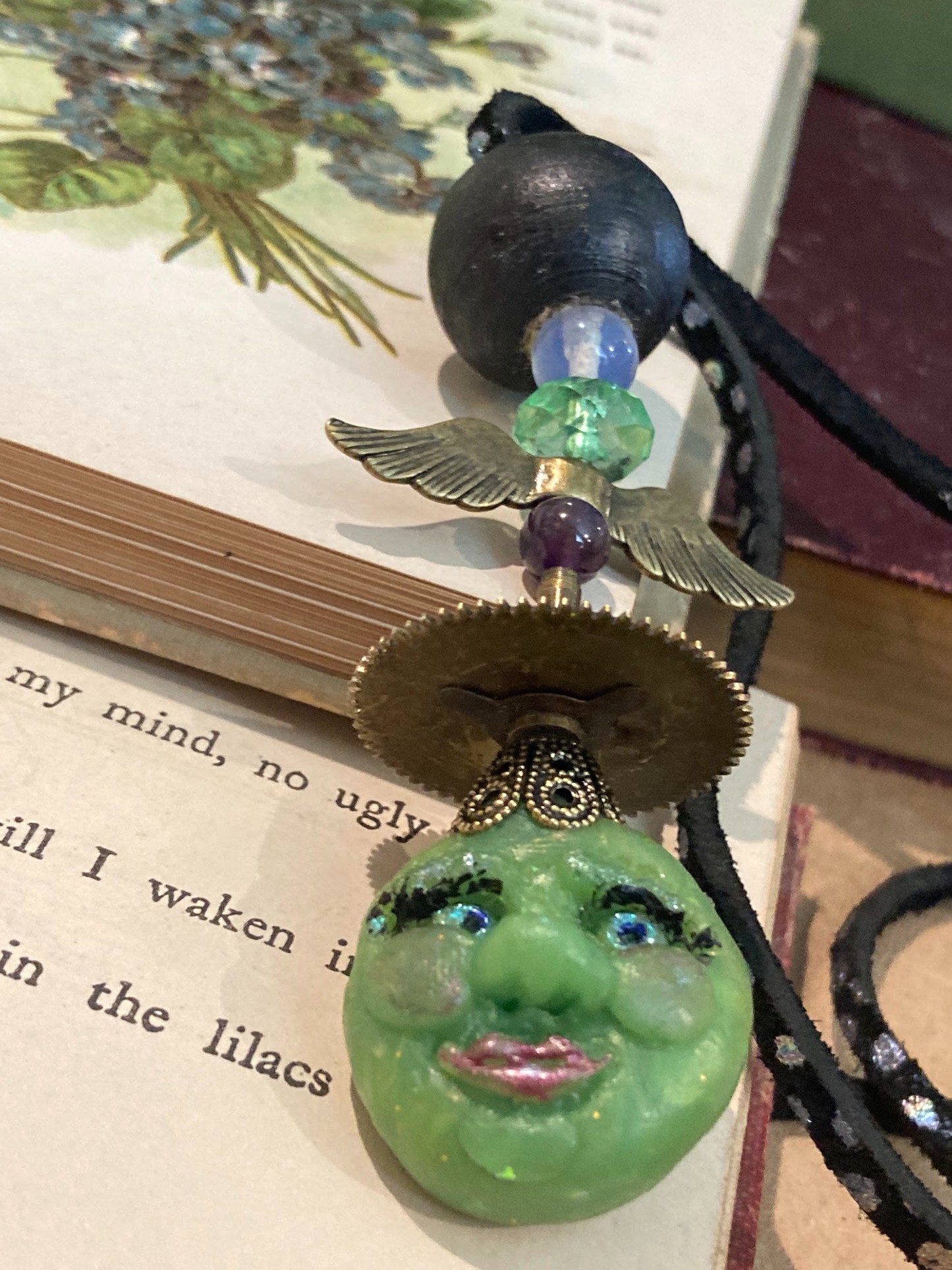 Green Witch Fidget Toy on Black Leather Cord Necklace - magnetic clasp
