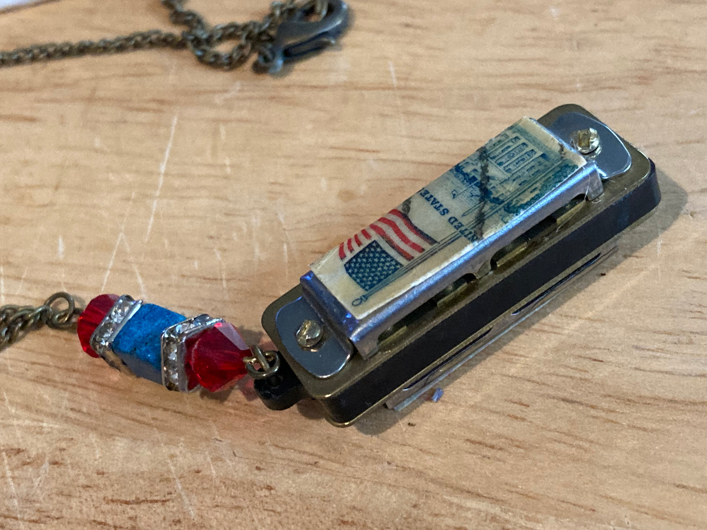 Miniature *Working* Harmonica Fidget Necklace with USA Flag Postage Stamp & Swarovski Crystals