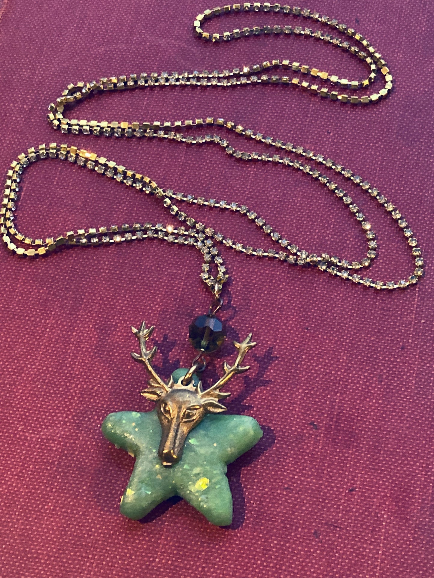 Stag Deer Brass Charm over Polymer Clay Star on rhinestone necklace chain