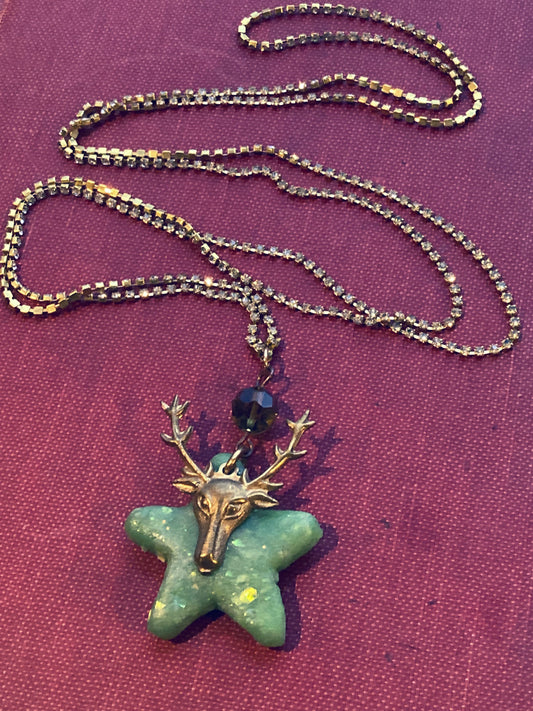 Stag Deer Brass Charm over Polymer Clay Star on rhinestone necklace chain