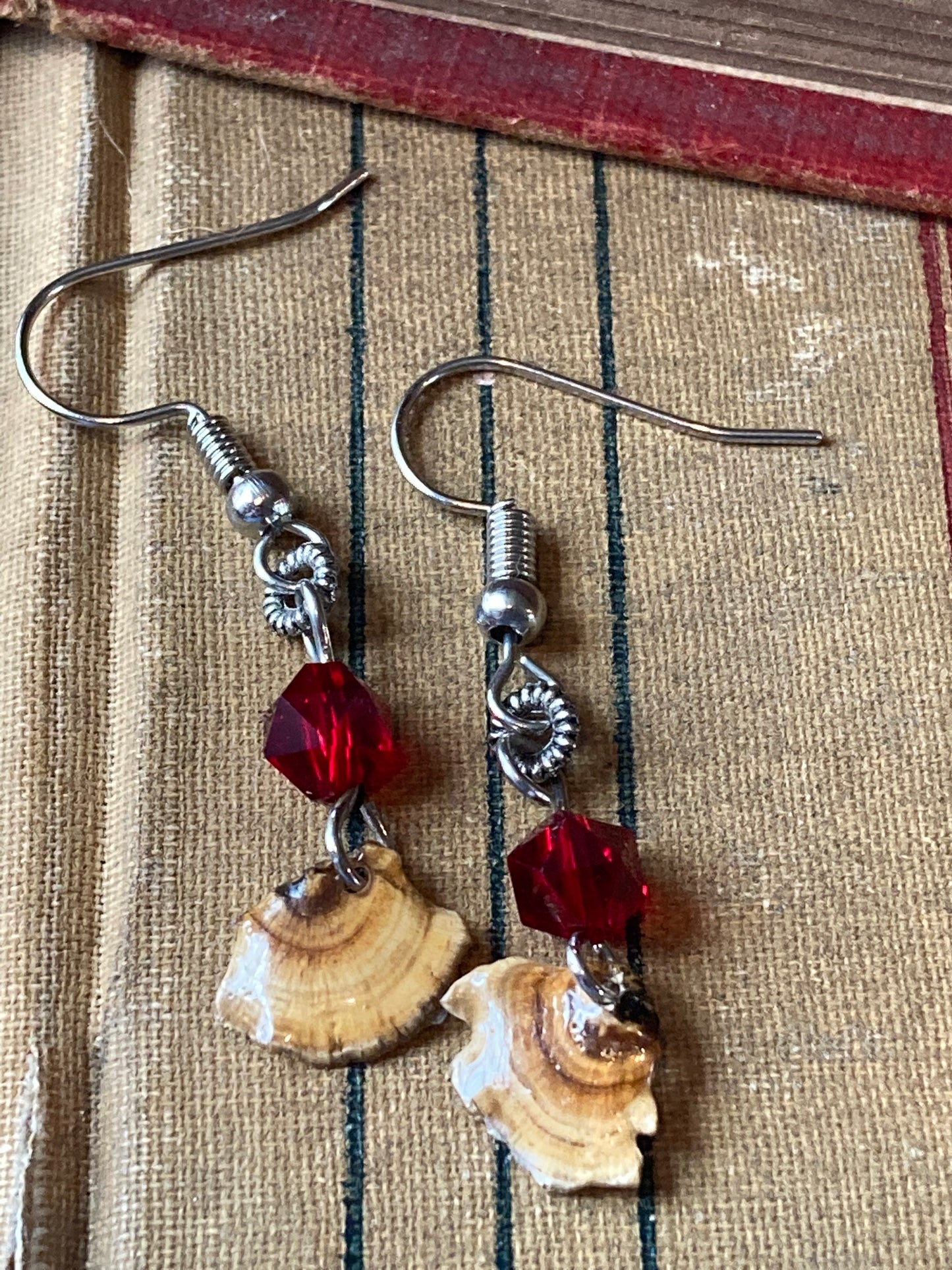 Tiny Dried Mushroom in resin Earrings with red Swarovski