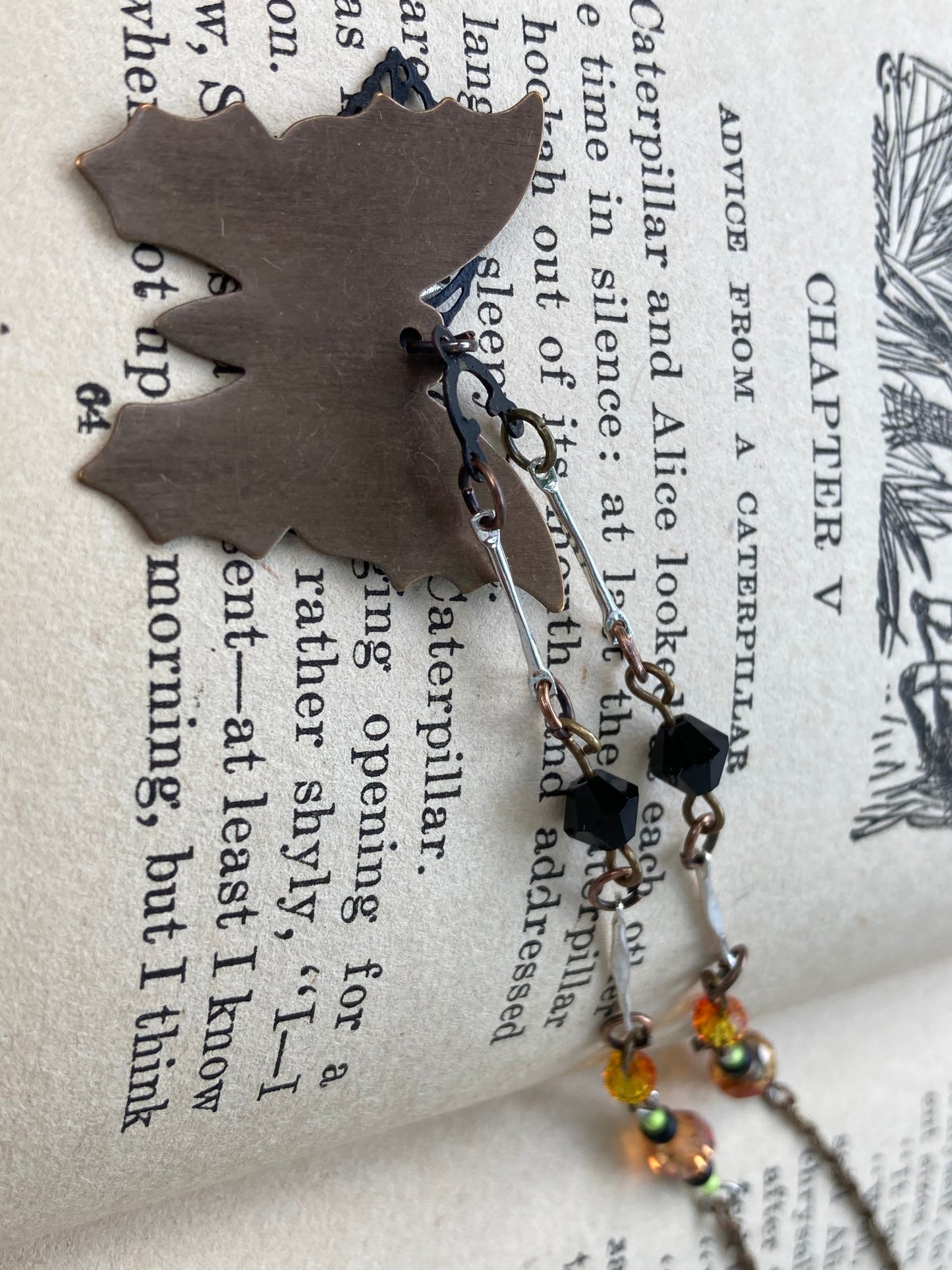 Monarch Butterfly - printed on brass pendant - orange and black beads - Fairycore