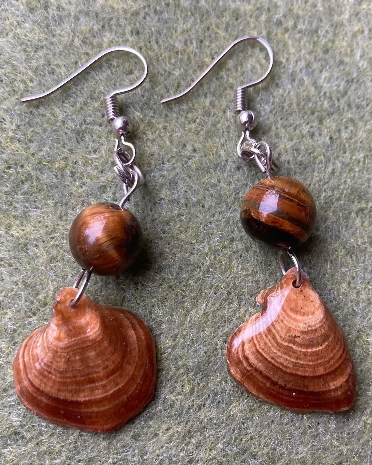Dried Mushroom in resin Earrings with semiprecious Tiger Eye stonebeads
