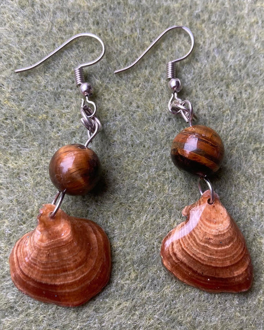 Dried Mushroom in resin Earrings with semiprecious Tiger Eye stonebeads