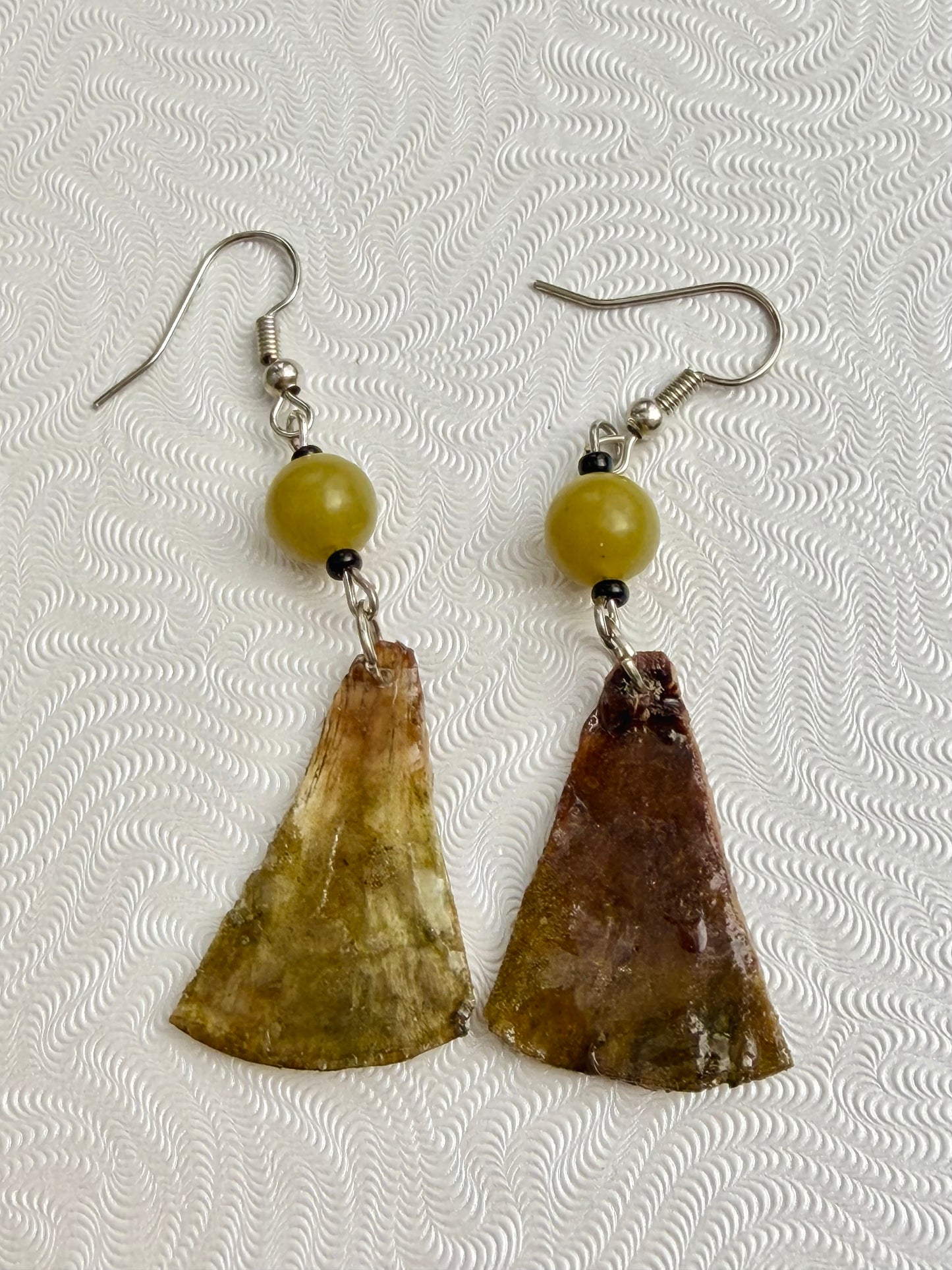 Turkey Tail fungus Trametes versicolor Mushroom in resin Earrings with green stone beads