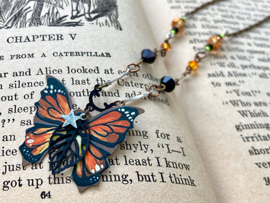 Monarch Butterfly - printed on brass pendant - orange and black beads - Fairycore