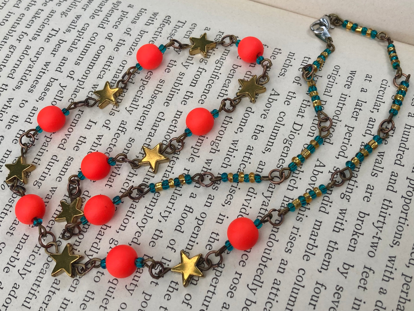 Neon Safety Red beads with gold stars BOLD Necklace