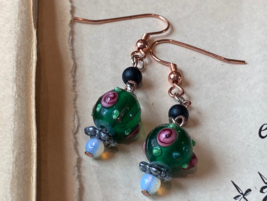 Green glass art bead with tiny moonstone Earrings
