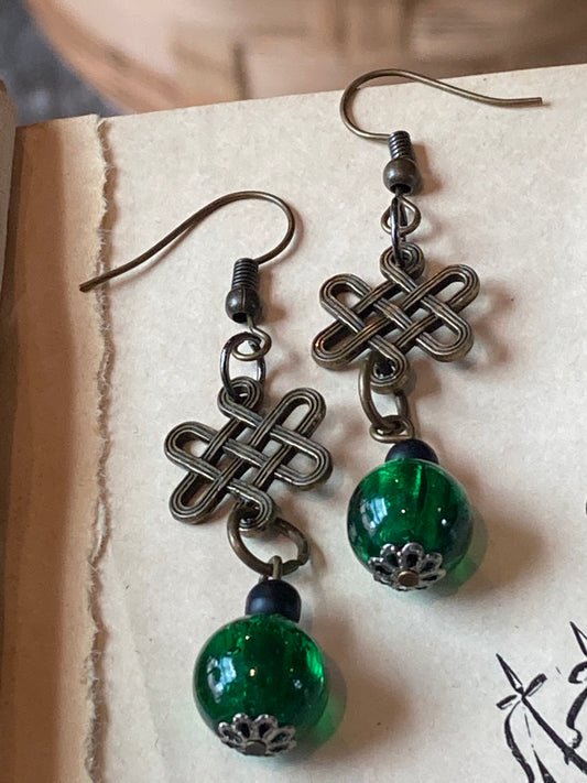 Celtic Knot Earrings with green crackle glass beads