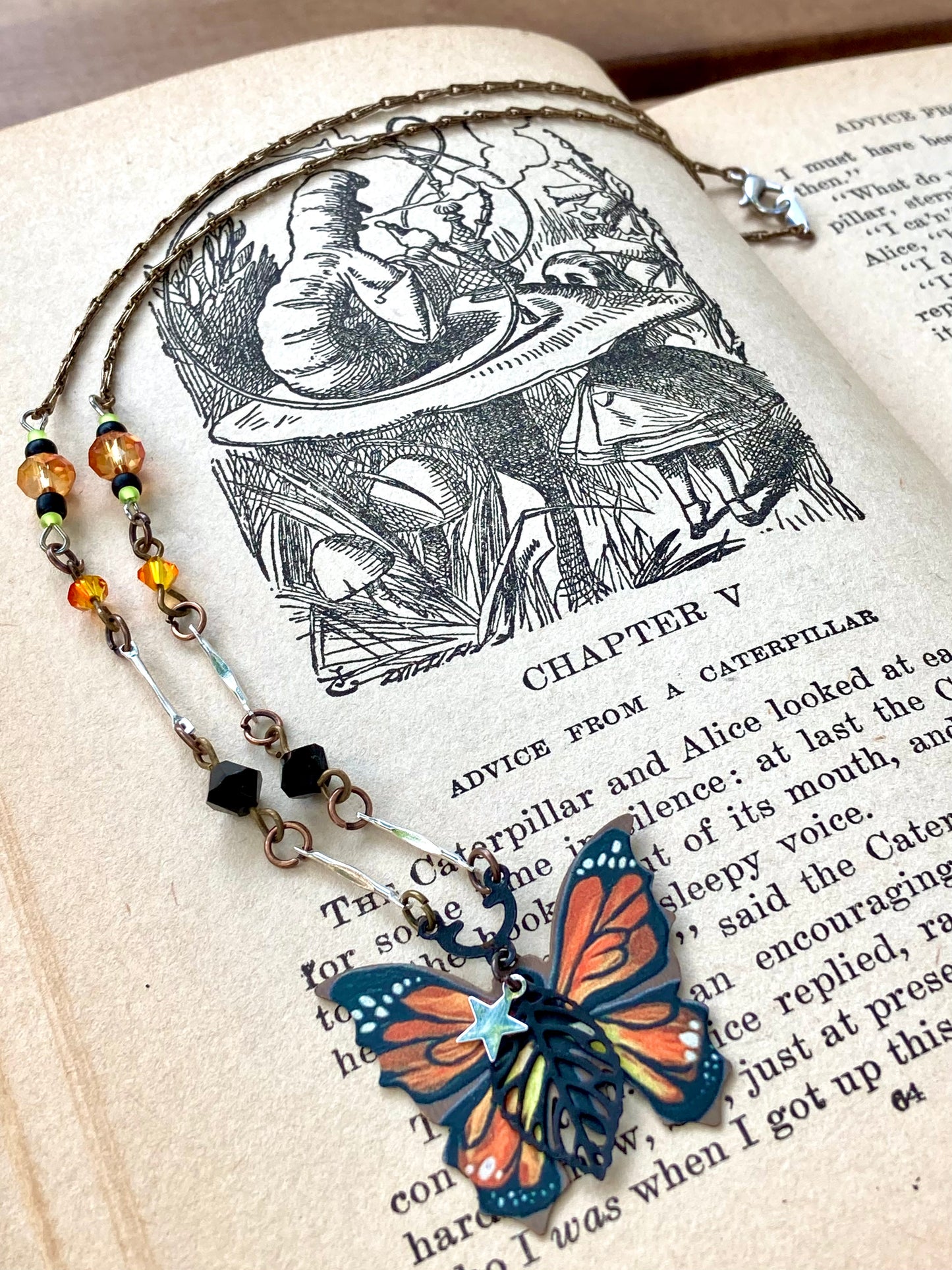 Monarch Butterfly - printed on brass pendant - orange and black beads - Fairycore