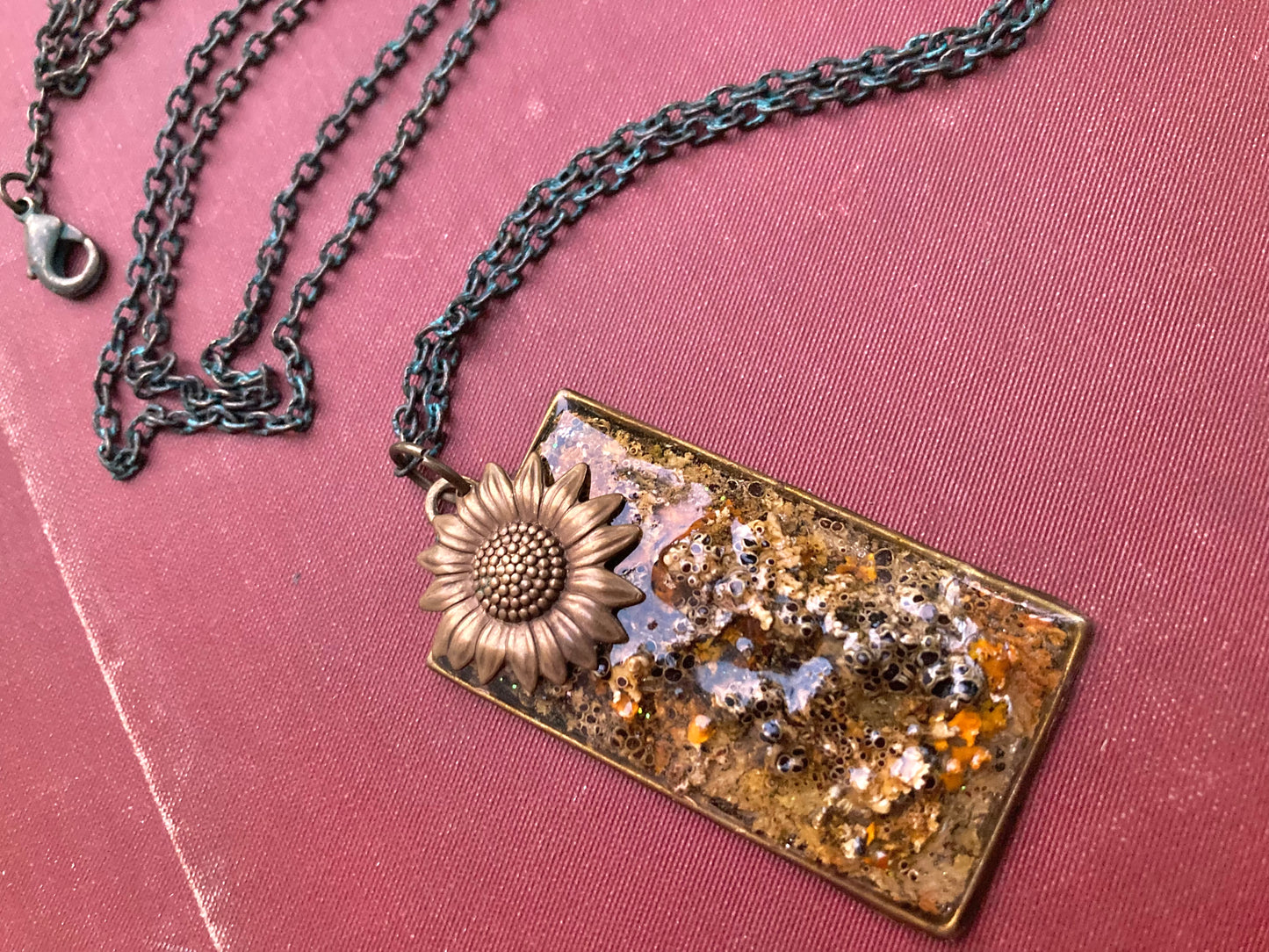 Pure Michigan Lichen necklace with bronze flower accent charm