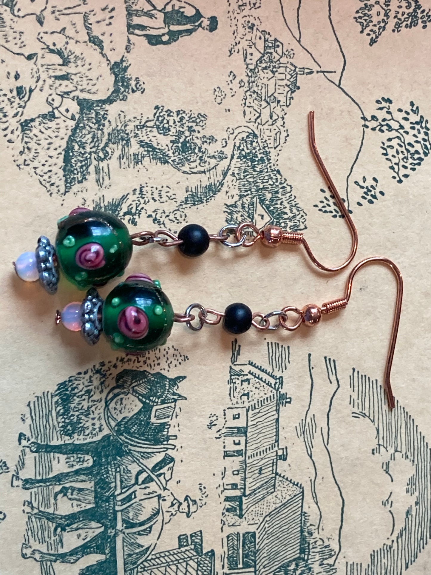 Green glass art bead with tiny moonstone Earrings