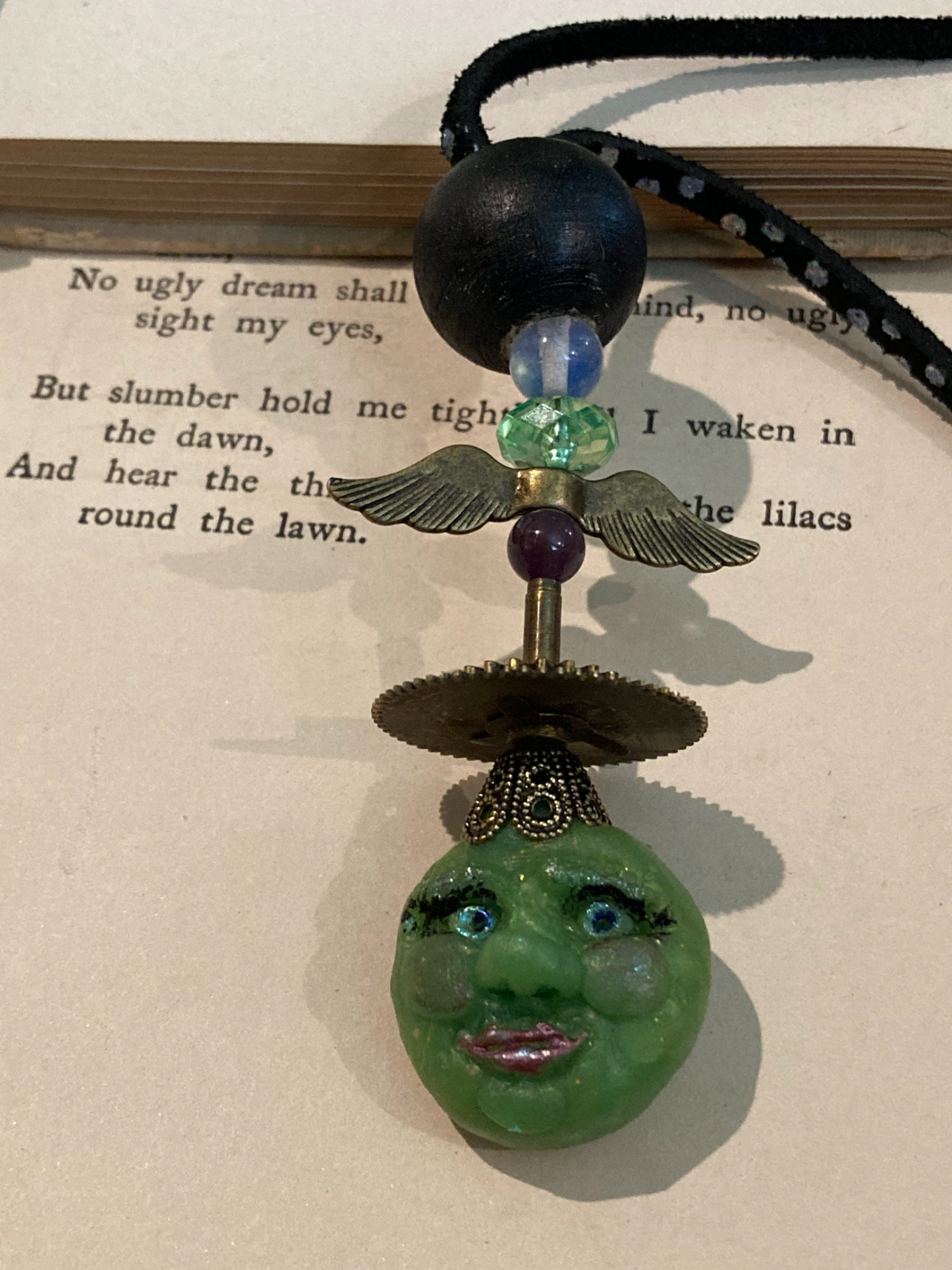 Green Witch Fidget Toy on Black Leather Cord Necklace - magnetic clasp